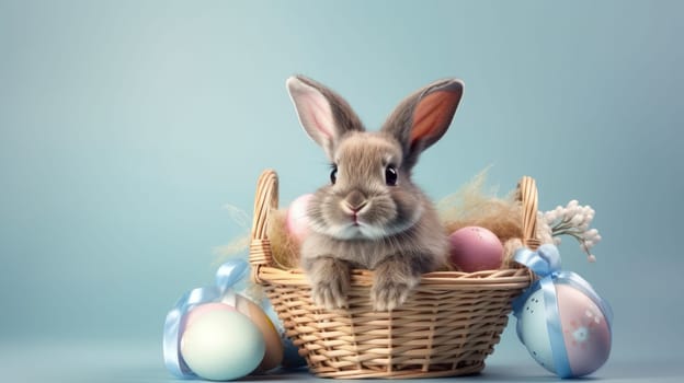 A fluffy white rabbit with long ears in a basket surrounded by Easter eggs on a blue background. Curious expression, vibrant colors. Ideal for Easter or spring projects.