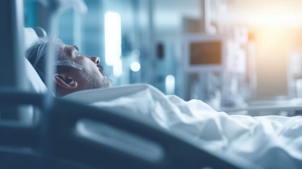 Bearded man sleeping in a hospital bed with an oxygen mask on his face.