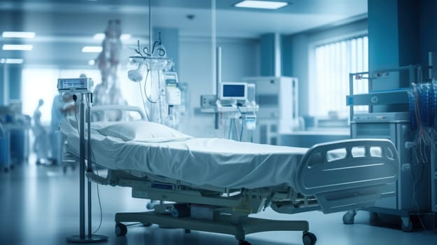 Contemporary Hospital Room with Advanced Medical Equipment and an Empty Bed for Patients.