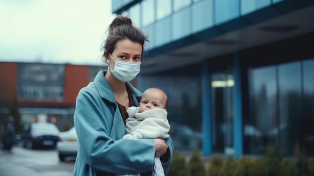 Young mother wearing a mask holding her baby close while standing outside a building.