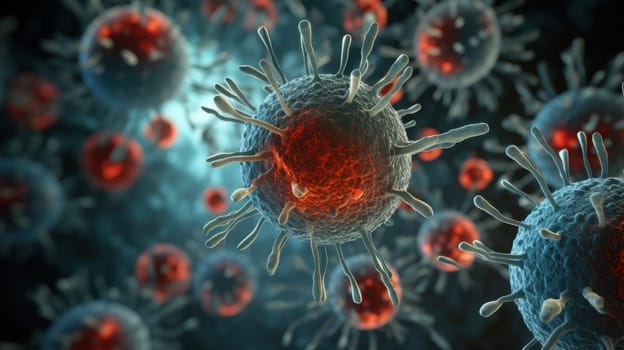 Close-Up View of Vibrant Red and Blue Virus Cells on a Dark Background for Scientific Research.