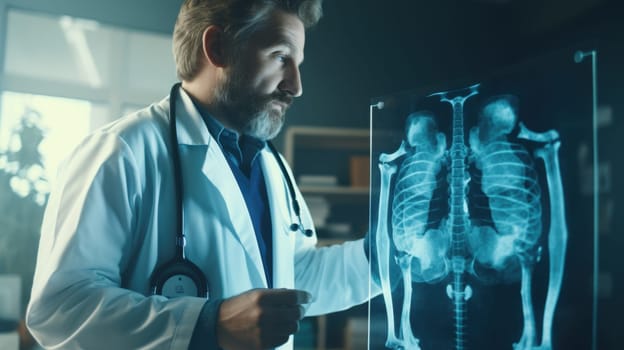 Bearded Male Doctor in White Coat Analyzing X-Ray Image for Accurate Patient Diagnosis and Care.
