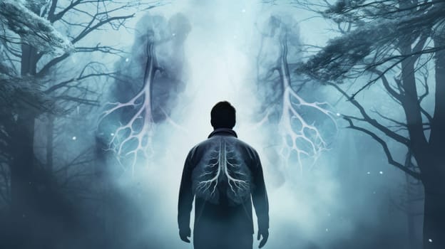 Mysterious Man with Glowing Lungs Stands Alone in a Dense, Misty Forest at Dawn.