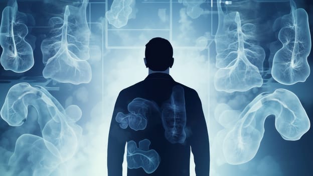 Man viewing a 3D rendering of the human lungs on a digital display.
