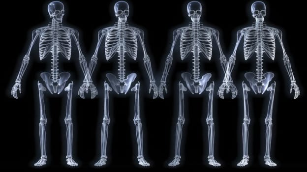 Creative Illustration of Four Skeletons Holding Hands Together on a Black Background.