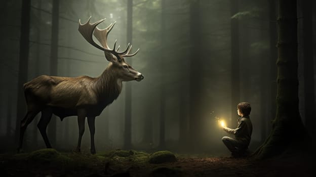 In a mystical forest shrouded in mist, a young boy kneels in awe as he encounters a majestic deer whose antlers glow with an enchanting light, creating a magical moment of connection with nature.