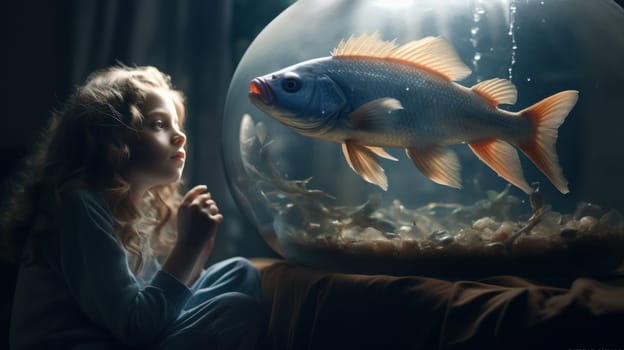 A little girl is fascinated as she watches a large fish swim in a bowl. The fish moves gracefully, capturing her attention while she sits on a chair beside the table.