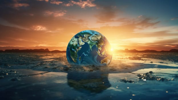 This image shows our planet Earth half-submerged in melting ice with a beautiful sunset in the background. It is a powerful visual representation of the effects of climate change and global warming.