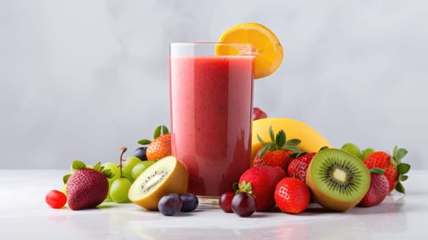 Fresh strawberry smoothie with kiwi and berries in a tall glass on a white table. Made with fresh strawberries, kiwi, yogurt, perfect for breakfast or snack, full of fruits and vegetables.