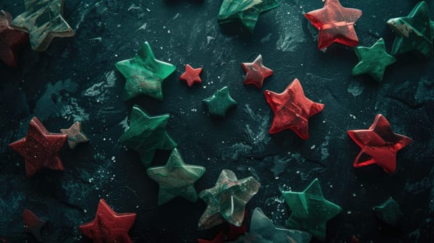 Vibrant Colorful Stone Stars on Elegant Black Background, Closeup Shot with Stunning Visual Impact.