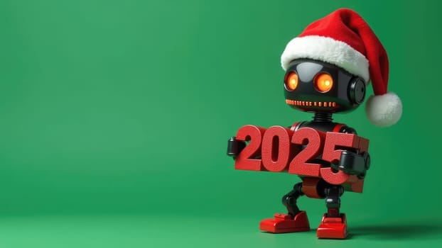 Red Ai Robot Wearing Santa Hat Holding 2025 Sign Isolated on Green Background. Christmas, New Year celebration.