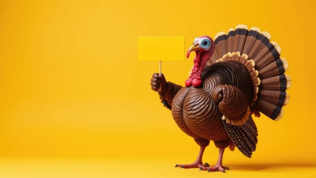 Funny Cartoon Turkey Holding Blank Sign On Vibrant Orange Background For Thanksgiving Projects.