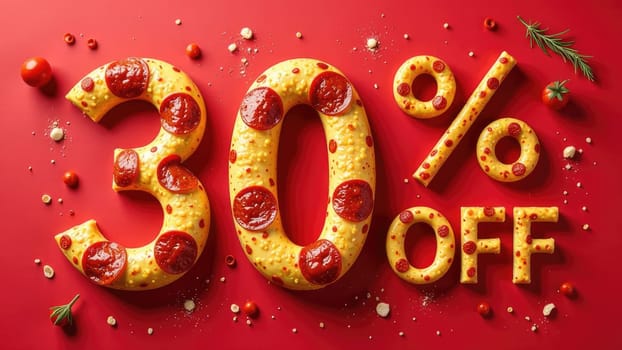 Delicious Pepperoni Pizza on a Red Background with Thirty Percent Off Discount Promotion.