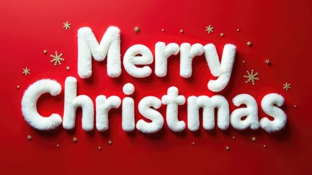 Festive White Furry Letters Spelling Merry Christmas on Bright Red Background for Holiday Cheer.