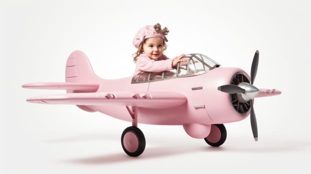 A cute little girl in a pink coat and hat sits in the cockpit of a vintage airplane. The child looks out the window with a joyful and excited expression, dreaming of adventure and flight.