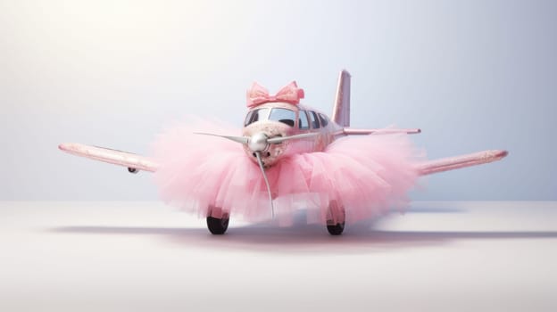A charming pink toy airplane adorned with a bow and a fluffy pink tutu skirt. Isolated on a white background, this whimsical design is ideal for creative projects and playful themes.