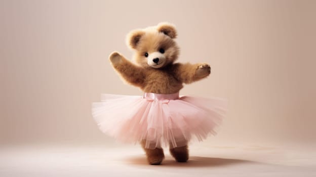 An adorable teddy bear wearing a fluffy pink tutu skirt, isolated on a beige background. Perfect for childrens book illustrations, birthday cards, and party invitations.