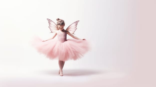 A young ballerina in a pink tutu with delicate butterfly wings poses gracefully against a white background. The image captures enchantment, childhood dreams, and the beauty of dance.
