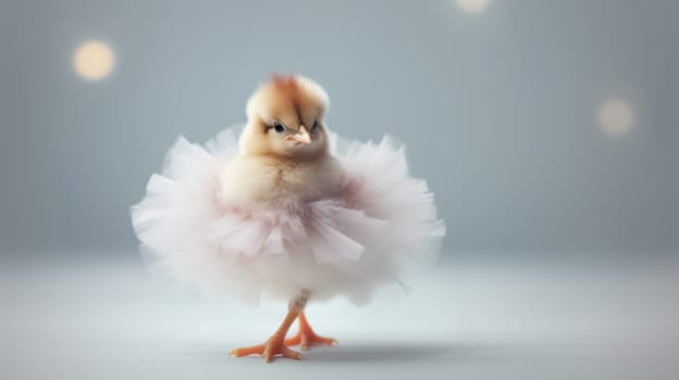 An adorable baby chicken in a fluffy pink tutu skirt stands on a pastel blue background. It looks off to the side with a curious expression. The vibrant colors and lighting enhance the charm.