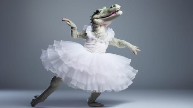 This image features a crocodile in a white tutu dress, standing on its hind legs with arms raised, mouth open in surprise. The light grey background enhances the whimsical scene.