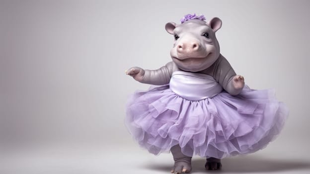 This adorable baby hippopotamus wears a fluffy purple tutu dress, standing on its hind legs with a playful expression. Its big snout adds to its charm, captivating everyone who sees it.
