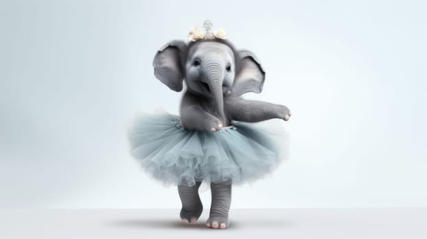 An elephant dressed in a vibrant tutu is elegantly dancing ballet. The charming scene features the elephant on a soft light blue background, creating a whimsical and joyful atmosphere.