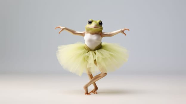 The frog is wearing a surprised expression with wide eyes and a mouth agape, arms outstretched in shock. It stands prominently on a white background, exuding a playful, retro vibe.