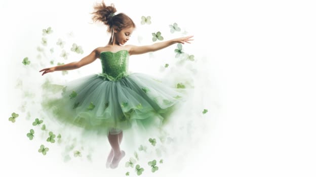 A young ballerina dances gracefully in a beautiful green dress, surrounded by fluttering butterflies on a soft white background. She wears pointe shoes in a studio setting.