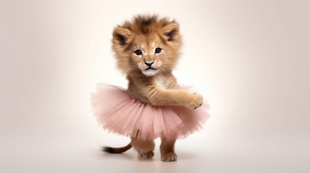 A cute lion cub wearing a fluffy pink tutu skirt stands on its hind legs against a white background. Its playful expression and soft fur make it an adorable image, ideal for childrens projects.