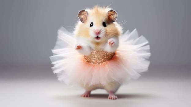 This charming image showcases a small, fluffy rodent dressed in a vibrant pink tutu, set against a soft gray background. Perfect for articles on cute pets, small animals, or fun rodent fashion trends.