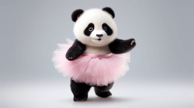 A cute and cuddly baby panda wearing a fluffy pink tutu, isolated on a bright white background. Ideal for childrens book illustrations, animal-themed designs, and creative projects.