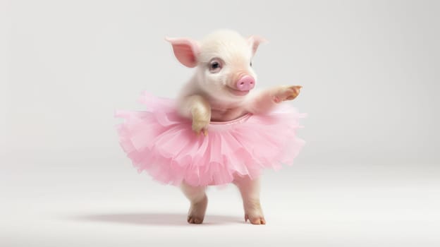 An adorable piglet in a fluffy pink tutu stands on a white background, looking at the camera with a tilted head. This image is perfect for childrens books, greeting cards, and animal stories.