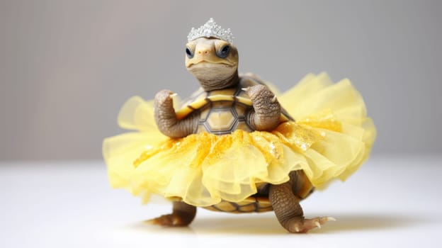 A small turtle wearing a yellow tutu skirt and a silver crown on a white background. The turtle is looking at the camera with a curious expression. The image is well-lit, and the colors are vibrant.