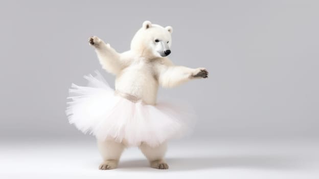 A polar bear in a pink tutu is dancing happily on a solid white background, standing on its hind legs with arms outstretched, showcasing a delightful and playful expression.