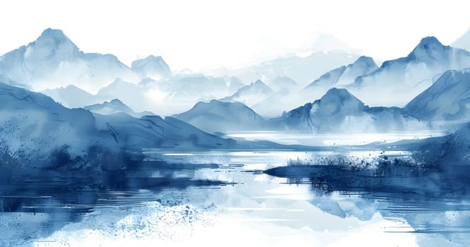 Beautiful serene mountain landscape in shades of blue watercolor style.