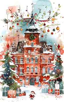 Snowy town hall adorned with holiday decor, Christmas trees, and wrapped gifts.