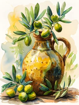 An artistic painting of a vase filled with olives and leaves, showcasing the beauty of plant life through creative arts and botany