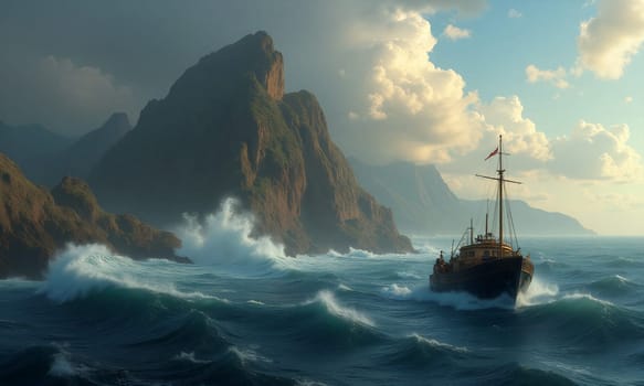 A fishing boat sails through turbulent waters, surrounded by towering cliffs and illuminated by a warm sunset glow, creating a dramatic atmosphere - Generative AI