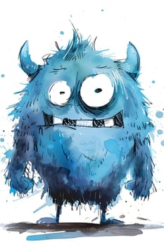 Watercolor painting of a cute blue furry cartoon monster with horns and big eyes