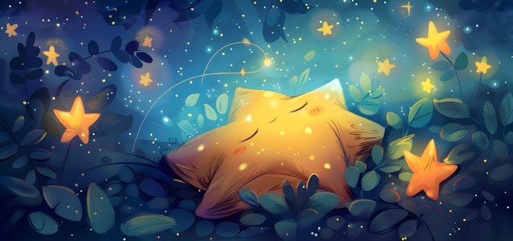 A dreamy scene of a sleeping star under luminous night flora and night sky