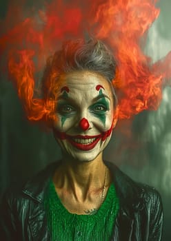 Scary clown is smiling with bright orange and red smoke billowing behind her head. She is wearing a black leather jacket