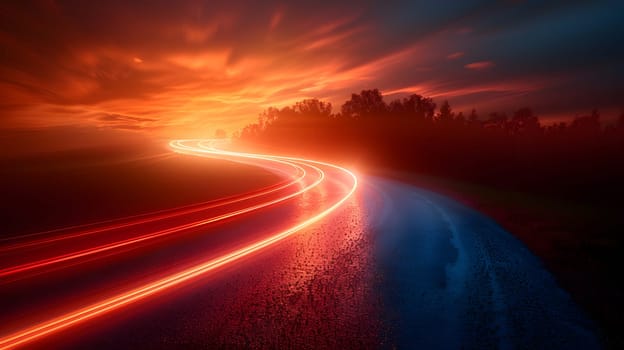 An automotive lighting illuminates the asphalt road at night, with a sunset turning the sky into shades of orange and natural landscape creating a mesmerizing horizon