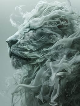 A monochrome painting of a lion created with grey smoke, showcasing the artists talent in monochrome photography. The smoke forms the lions rocklike fur in a captivating art piece