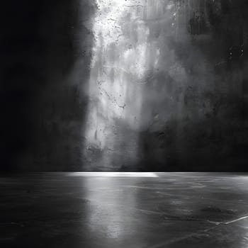 A monochromatic image showing a dimly lit room with smoke billowing out of the ceiling, creating a mysterious and atmospheric ambiance