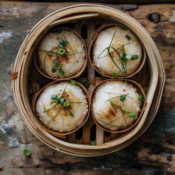 A traditional Chinese delicacy, dim sum consisting of various seafood and meat ingredients, served in a bamboo steamer on a rustic wooden table