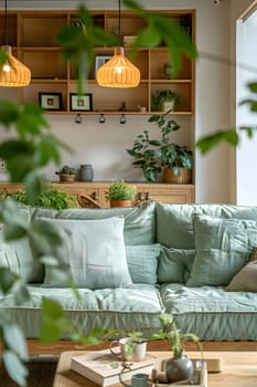 An interior design featuring a green couch, wooden table, and houseplant. The room has a warm ambiance with wood flooring and a plant in a flowerpot