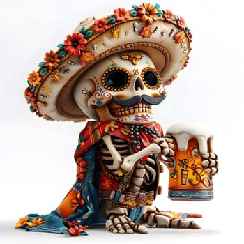 Skull in vibrant attire holding a beer mug celebrating with festive decorations