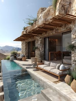 Luxury stone villa with infinity pool, mountain views, outdoor seating, modern design.