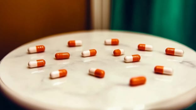 Several white and orange medical pills are lying on a white surface, evoking pharmaceutical manufacturing, prescription drugs and medicine in general