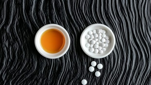 White sweetener pills and syrup are lying on a textured black background, creating a high contrast image about different types of sugar and its alternatives